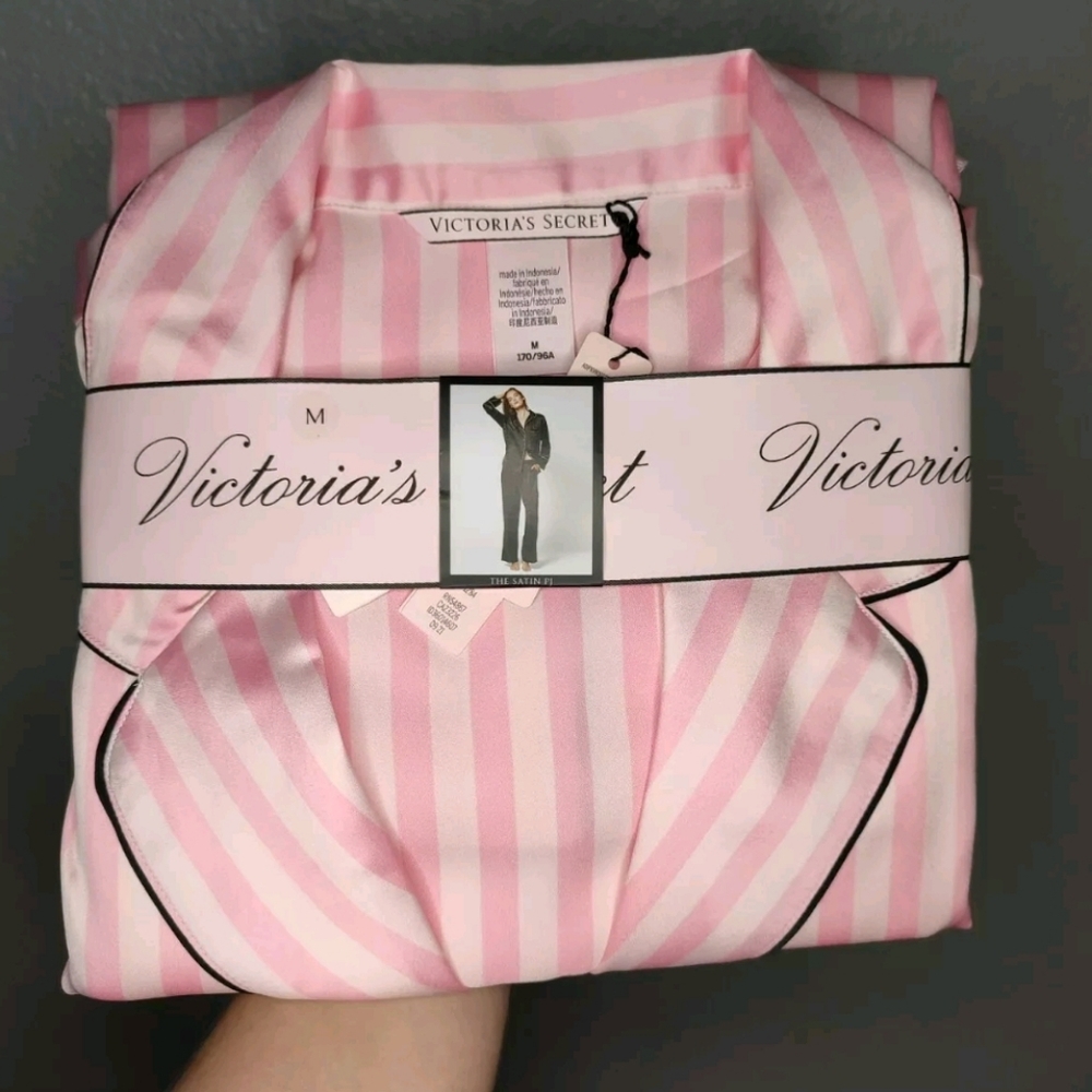 Victoria's Secret Striped Pink Black and Pink Pajama Set, Long Sleeve Medium NWT